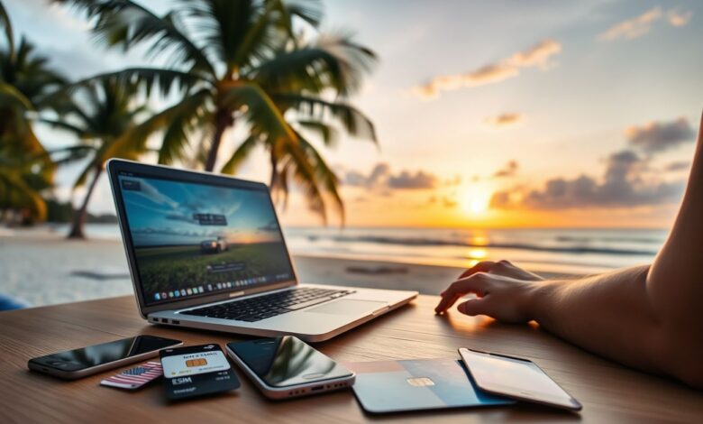Internet Nômades 2025: O Guia Completo para Conectar-se em Qualquer Lugar - Web Nômade Digital Nômade digital trabalhando remotamente na praia