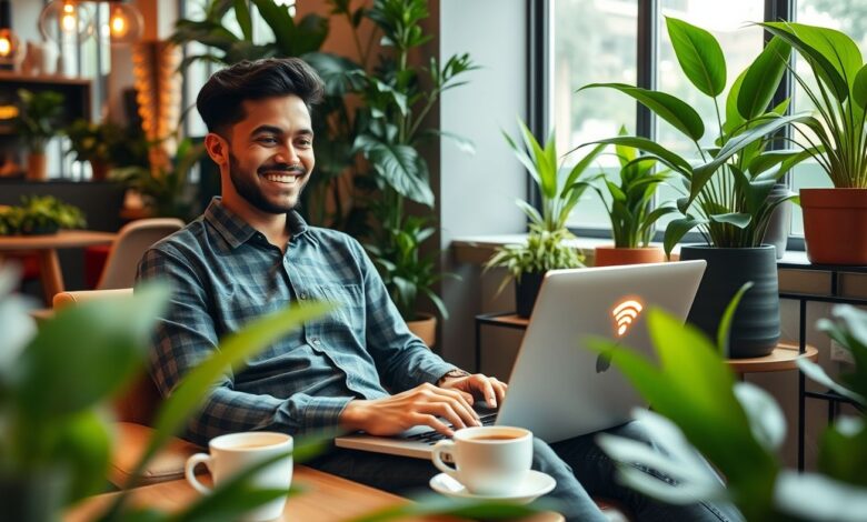 Internet Rápida para Nômades Digitais: Como Garantir Conexão de Qualidade em 2025 - Web Nômade Digital Nômade digital usando internet rápida em café