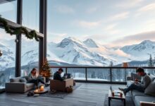 Nômades digitais trabalhando em coworking com vista para neve