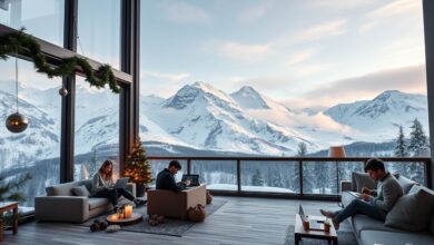 Nômades digitais trabalhando em coworking com vista para neve