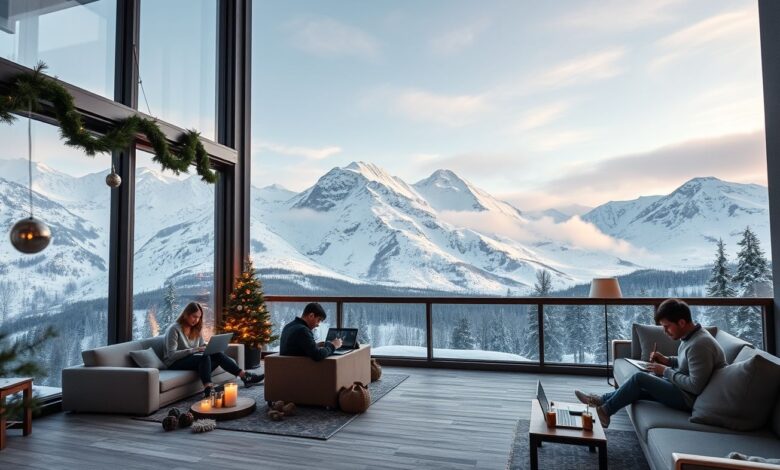 Inverno Nômades 2025: Os Melhores Destinos para Trabalhar e Aproveitar a Neve - Web Nômade Digital Nômades digitais trabalhando em coworking com vista para neve