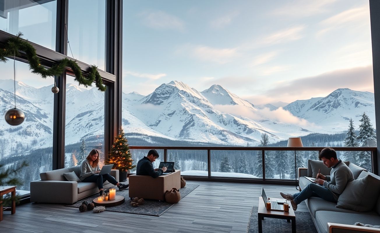 Nômades digitais trabalhando em coworking com vista para neve
