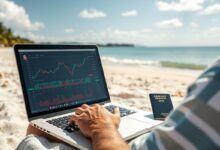 Nômade digital trabalhando e investindo em praia tropical