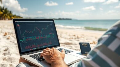 Nômade digital trabalhando e investindo em praia tropical