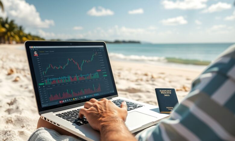 Investimentos para Nômades: Como Construir Riqueza em Qualquer Lugar do Mundo - Web Nômade Digital Nômade digital trabalhando e investindo em praia tropical