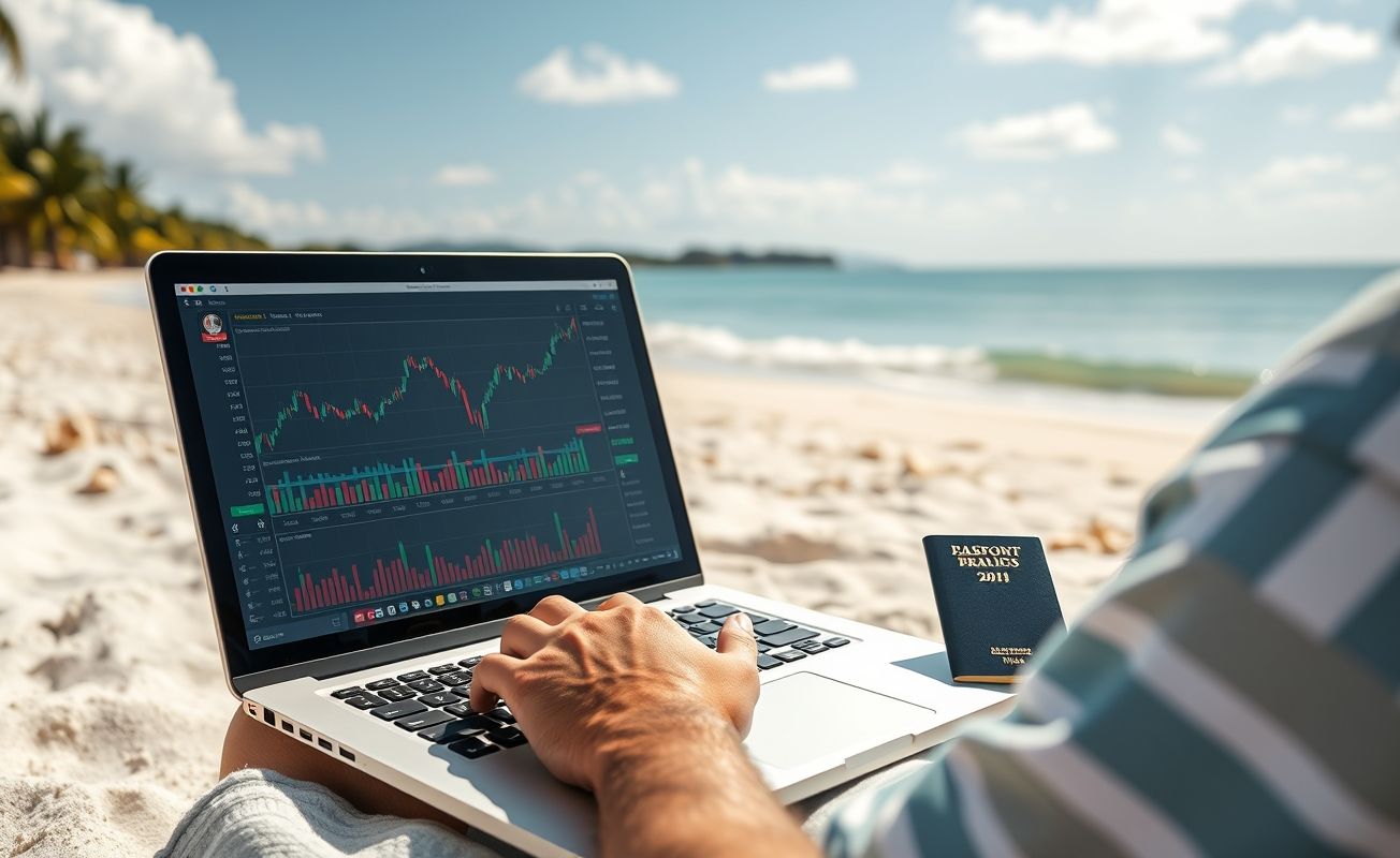 Nômade digital trabalhando e investindo em praia tropical