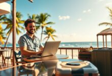 Nômade digital trabalhando remotamente em viagem