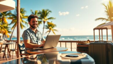 Nômade digital trabalhando remotamente em viagem