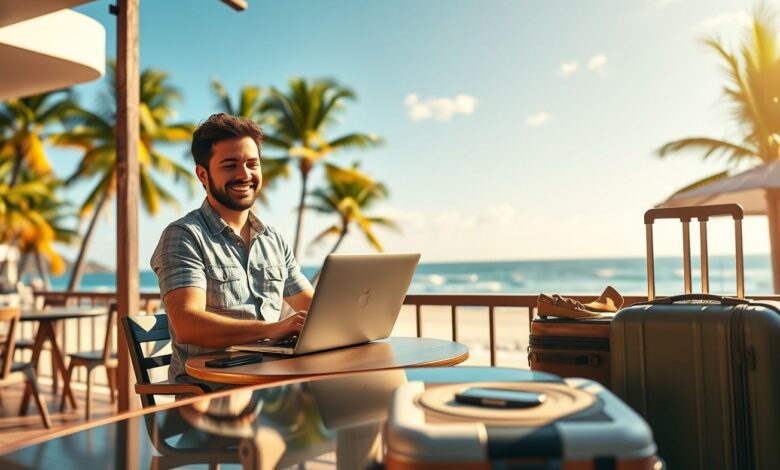 Nômades Assalariados: Como Trabalhar Remotamente para Empresas Globais - Web Nômade Digital Nômade digital trabalhando remotamente em viagem