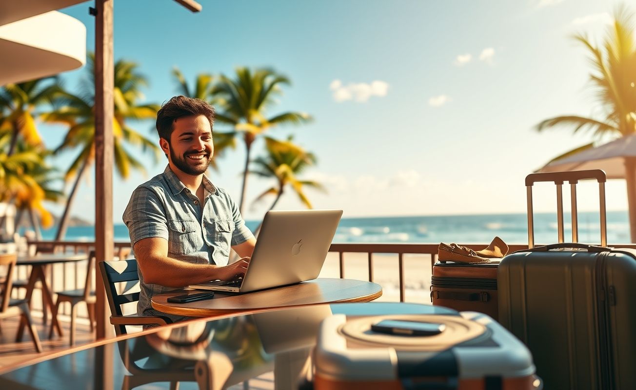 Nômade digital trabalhando remotamente em viagem