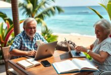 Nômades digitais maduros trabalhando em praia tropical