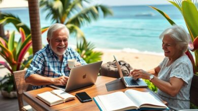 Nômades digitais maduros trabalhando em praia tropical