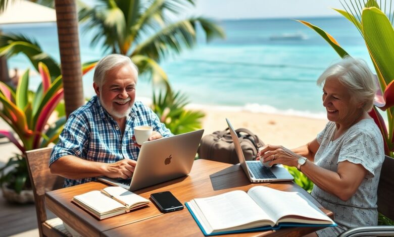Nômades Digitais 50+: Desafios, Vantagens e Histórias Inspiradoras - Web Nômade Digital Nômades digitais maduros trabalhando em praia tropical