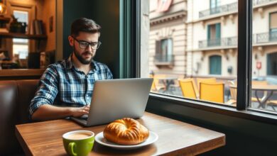 Nômade digital trabalhando remotamente em café argentino