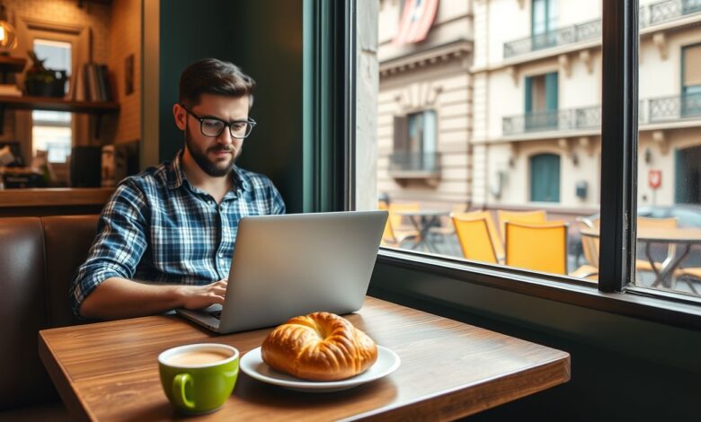 Nômade digital trabalhando remotamente em café argentino