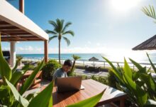 Nômade digital trabalhando em Bali com vista para o mar