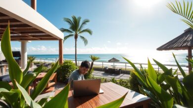 Nômade digital trabalhando em Bali com vista para o mar