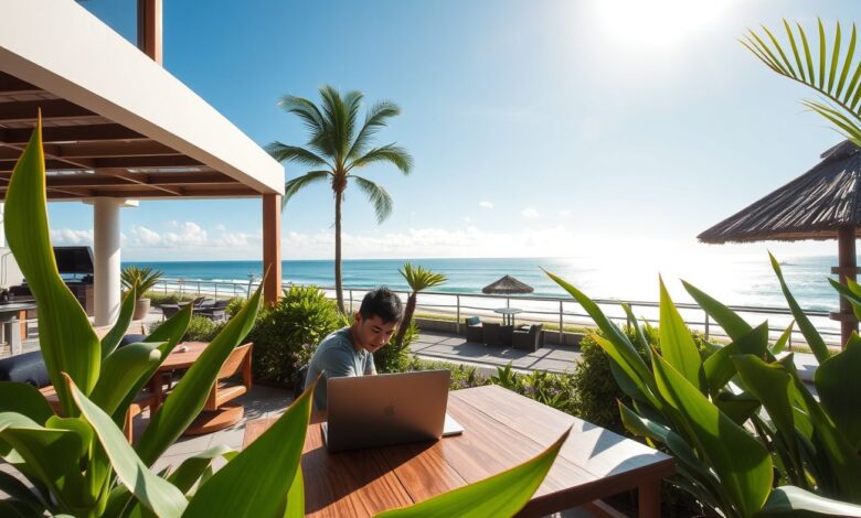 Nômade digital trabalhando em Bali com vista para o mar
