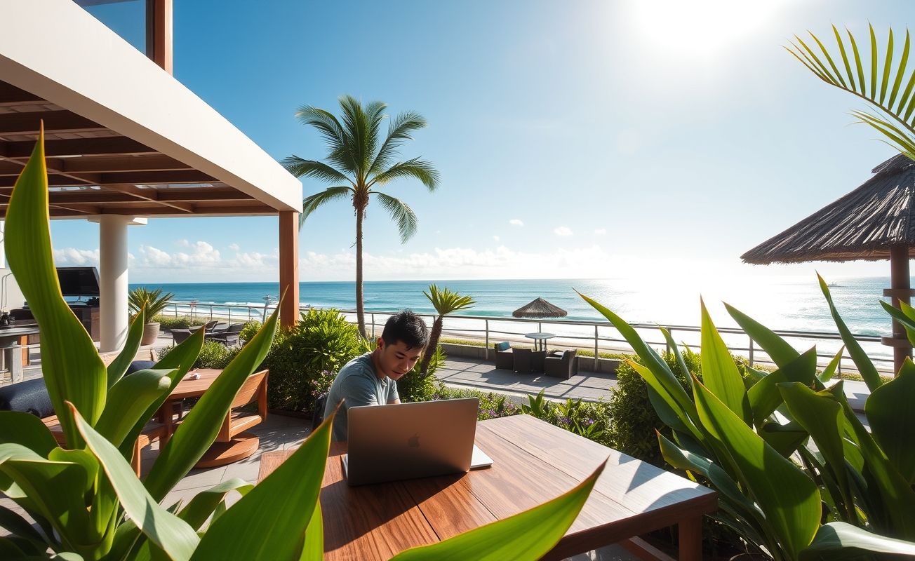 Nômade digital trabalhando em Bali com vista para o mar