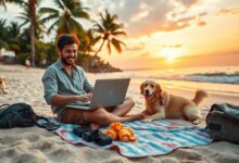 Nômade digital trabalhando remotamente na praia com cachorro
