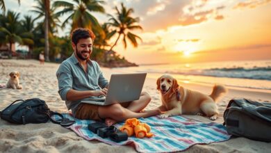 Nômade digital trabalhando remotamente na praia com cachorro