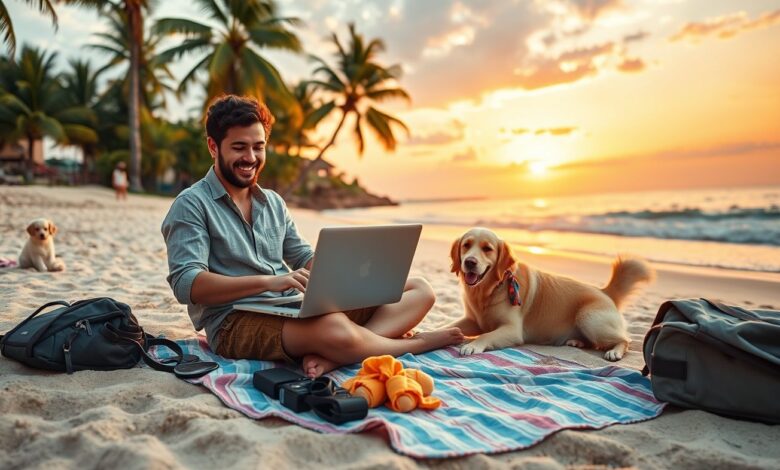 Nomadismo Digital com Animais de Estimação: Guia Completo para Viajar com Seu Pet - Web Nômade Digital Nômade digital trabalhando remotamente na praia com cachorro