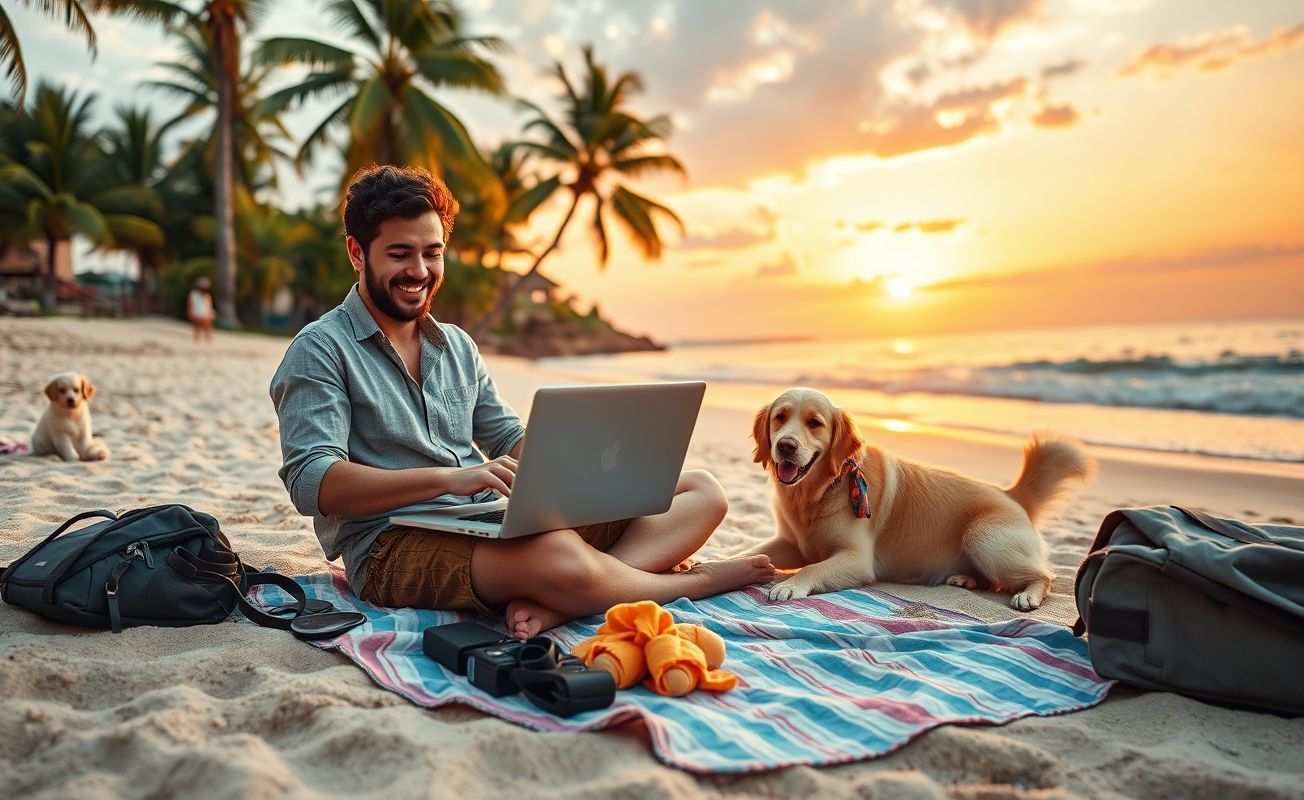 Nômade digital trabalhando remotamente na praia com cachorro