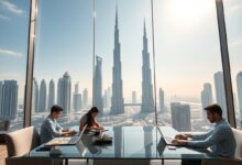 Nômades digitais trabalhando remotamente em coworking luxuoso em Dubai