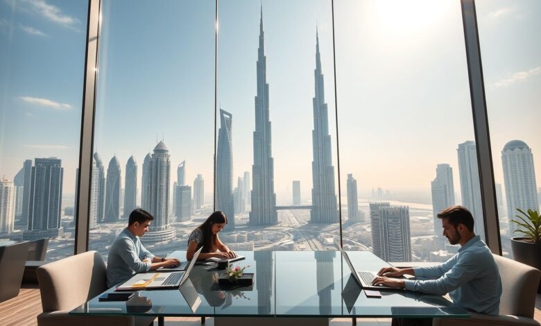 Nômades digitais trabalhando remotamente em coworking luxuoso em Dubai