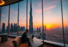 Nômade digital trabalhando em coworking de luxo em Dubai