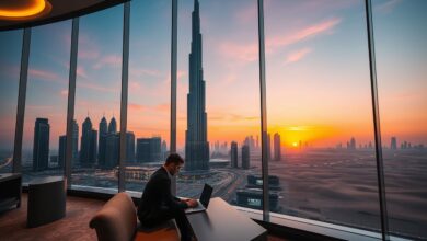 Nômade digital trabalhando em coworking de luxo em Dubai
