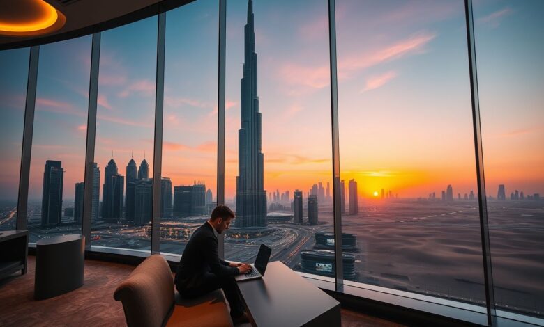 Dubai para Nômades: O Paraíso do Trabalho Remoto com Visto Gold em 2025 - Web Nômade Digital Nômade digital trabalhando em coworking de luxo em Dubai