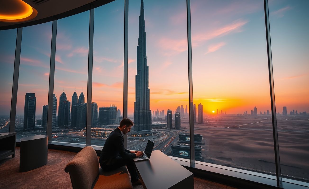 Nômade digital trabalhando em coworking de luxo em Dubai