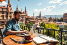 Nômade digital trabalhando remotamente na Espanha