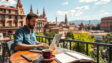 Nômade digital trabalhando remotamente na Espanha