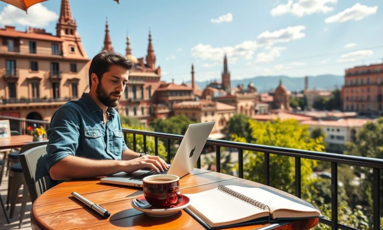 Espanha para Nômades Digitais: Guia Completo de Cidades, Visto e Custo de Vida - Web Nômade Digital Nômade digital trabalhando remotamente na Espanha