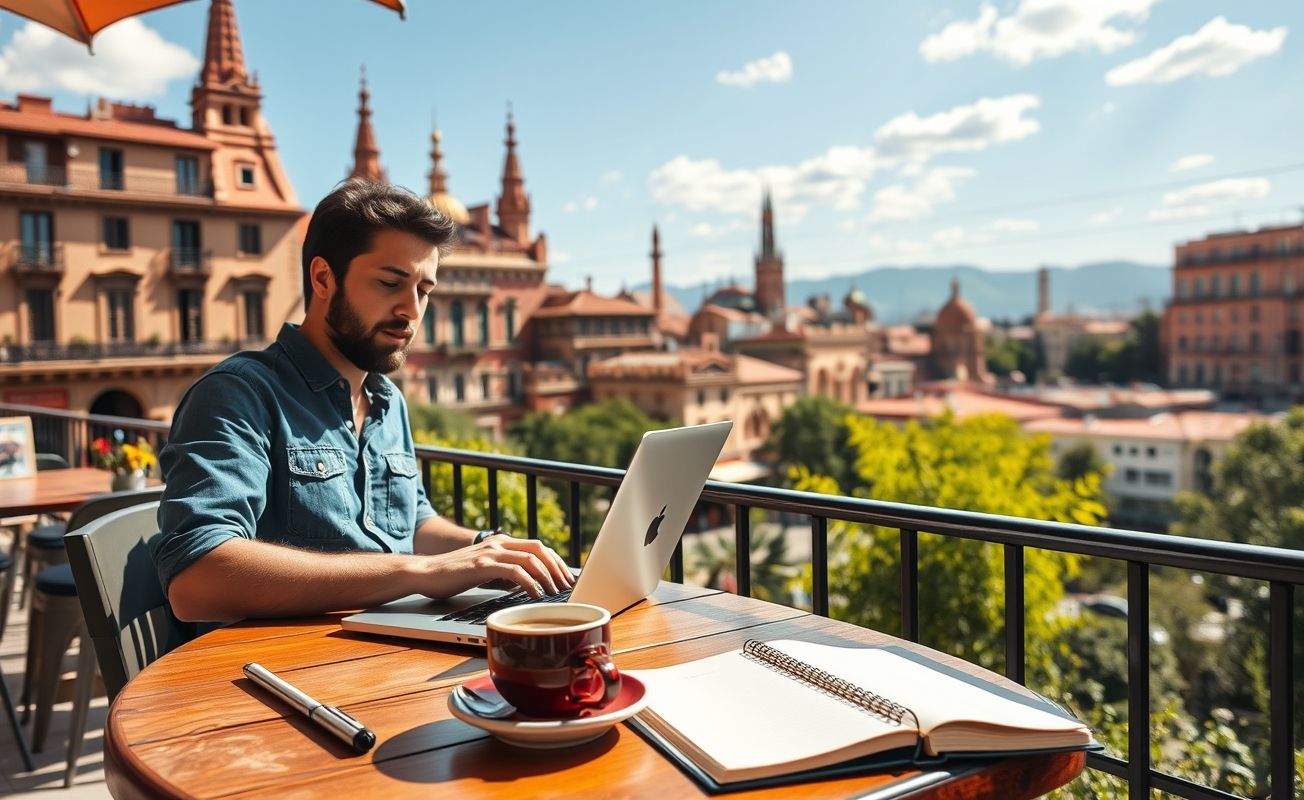 Nômade digital trabalhando remotamente na Espanha