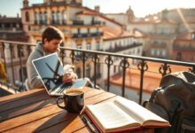 Nômade digital trabalhando remotamente na Espanha