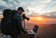 Nômade digital fotógrafo trabalhando em viagem