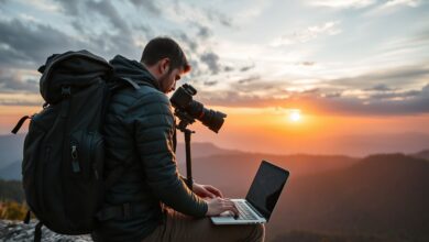 Nômade digital fotógrafo trabalhando em viagem