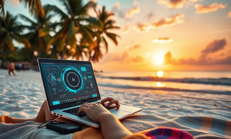 Como Trabalhar com Inteligência Artificial Viajando: O Guia Completo para Nômades Digitais - Web Nômade Digital Nômade digital usando IA na praia