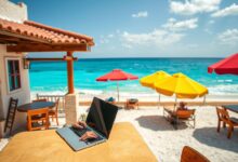 Nômade digital trabalhando no México com vista para o Caribe