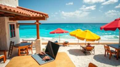 Nômade digital trabalhando no México com vista para o Caribe