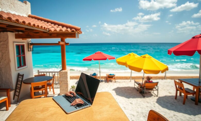 México para Nômades: Atualizado 2025 - Web Nômade Digital Nômade digital trabalhando no México com vista para o Caribe