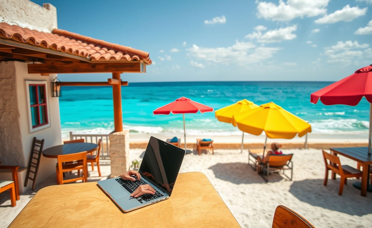 Nômade digital trabalhando no México com vista para o Caribe