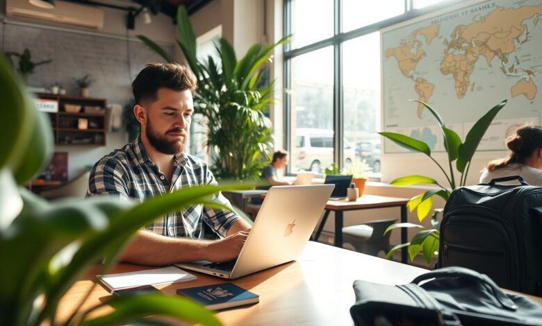Como Escolher o País Ideal para se Estabelecer Temporariamente - Web Nômade Digital Nômade digital trabalhando em café com laptop