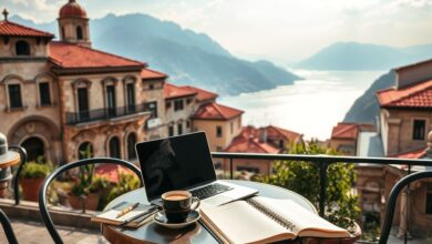 Nômade digital trabalhando remotamente na Albânia