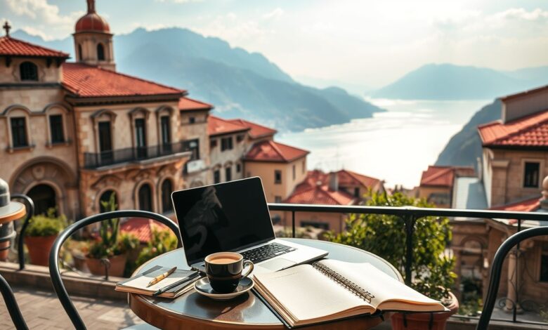 Países Emergentes para Nômades em 2025: Onde Trabalhar e Viver com Qualidade - Web Nômade Digital Nômade digital trabalhando remotamente na Albânia