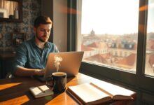 Nômade digital trabalhando remotamente em café português