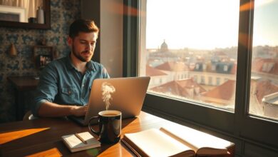 Nômade digital trabalhando remotamente em café português